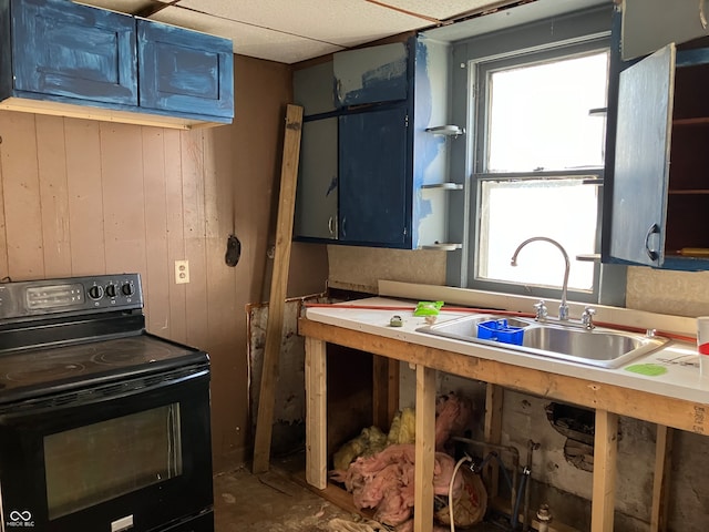 kitchen featuring sink, black / electric stove, a healthy amount of sunlight, and wood walls