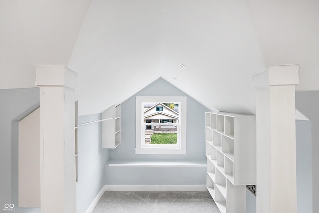 spacious closet featuring carpet floors and vaulted ceiling