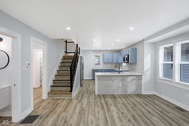 kitchen featuring appliances with stainless steel finishes, a kitchen bar, decorative backsplash, kitchen peninsula, and light hardwood / wood-style flooring