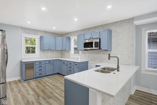 kitchen with kitchen peninsula, appliances with stainless steel finishes, sink, light wood-type flooring, and decorative backsplash