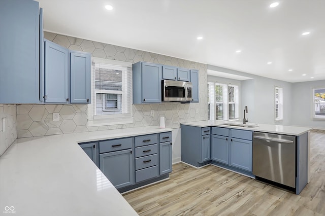 kitchen with appliances with stainless steel finishes, tasteful backsplash, sink, light wood-type flooring, and kitchen peninsula