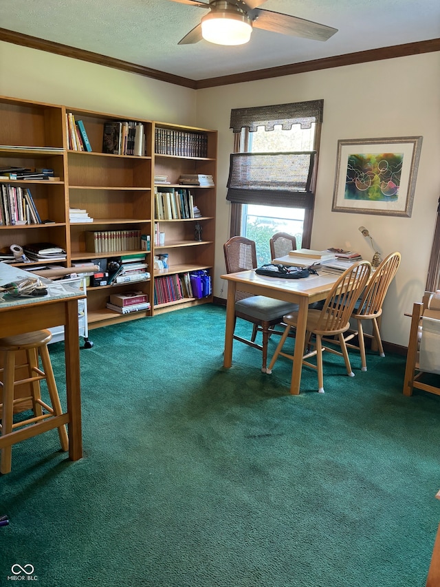 home office featuring ornamental molding, carpet, a textured ceiling, and ceiling fan