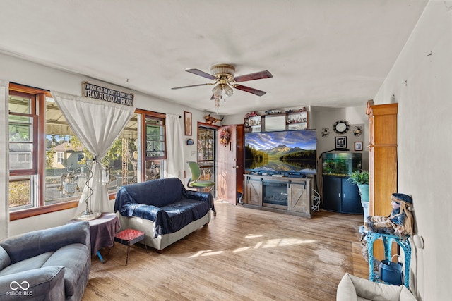 living room with hardwood / wood-style flooring and ceiling fan