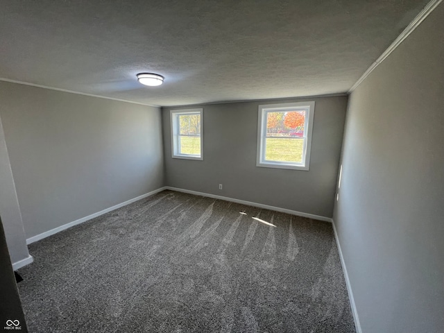 spare room featuring carpet floors, a textured ceiling, and ornamental molding