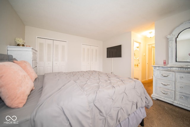 carpeted bedroom featuring two closets