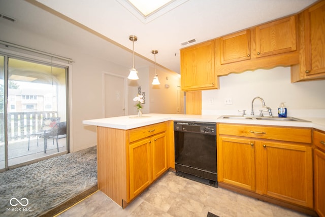 kitchen with pendant lighting, kitchen peninsula, sink, and black dishwasher