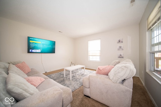 living room with a wealth of natural light and carpet