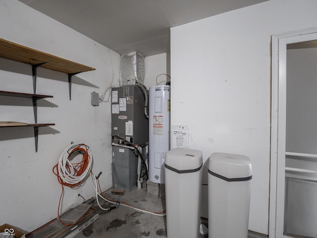 utility room with electric water heater and heating unit