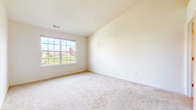 empty room with light carpet, lofted ceiling, and a textured ceiling