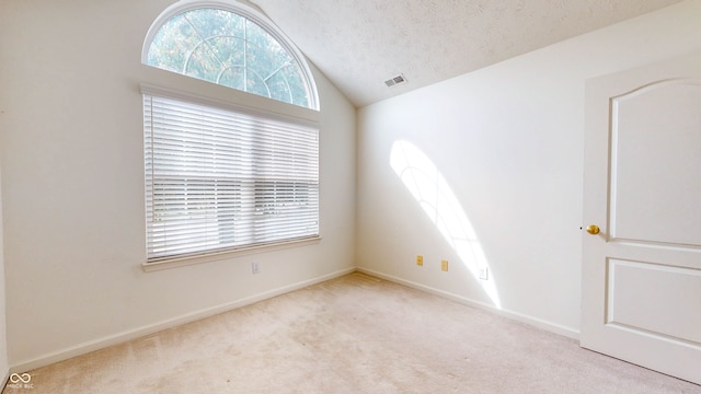 empty room featuring light carpet, a textured ceiling, and vaulted ceiling