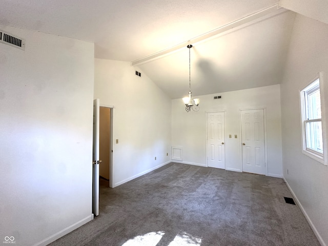 carpeted empty room with an inviting chandelier, beam ceiling, and high vaulted ceiling