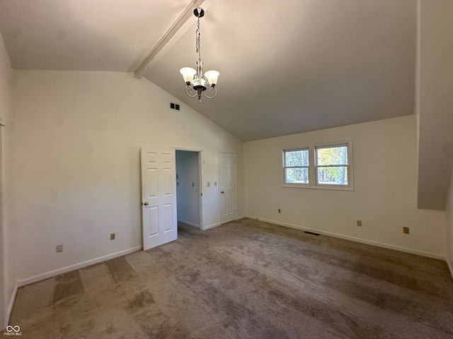 unfurnished bedroom with a notable chandelier, lofted ceiling with beams, and carpet flooring