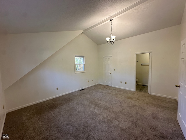 bonus room featuring a notable chandelier, carpet floors, and vaulted ceiling