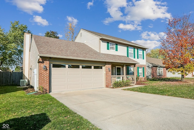 view of front of property featuring a garage, a front lawn, central AC unit, and a porch