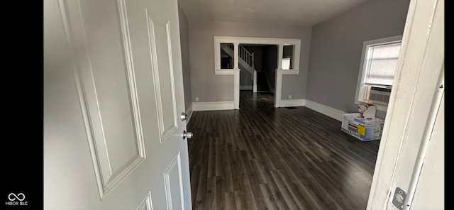 corridor with cooling unit and dark wood-type flooring