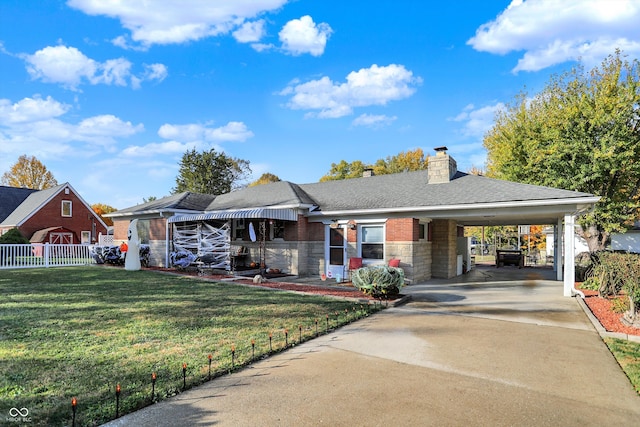 view of front of property featuring a front yard and a carport