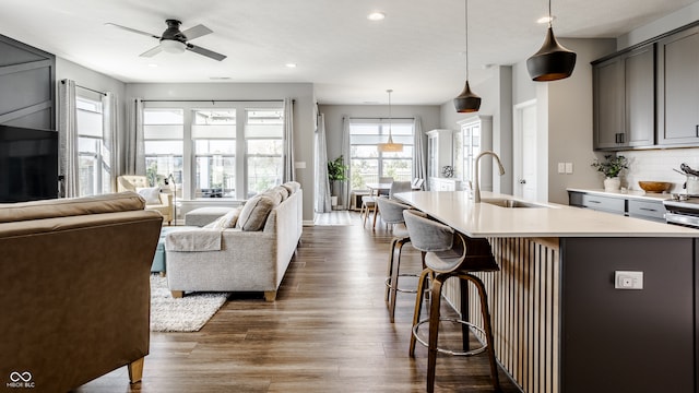 kitchen featuring hanging light fixtures, a kitchen island with sink, dark wood-type flooring, gray cabinets, and sink