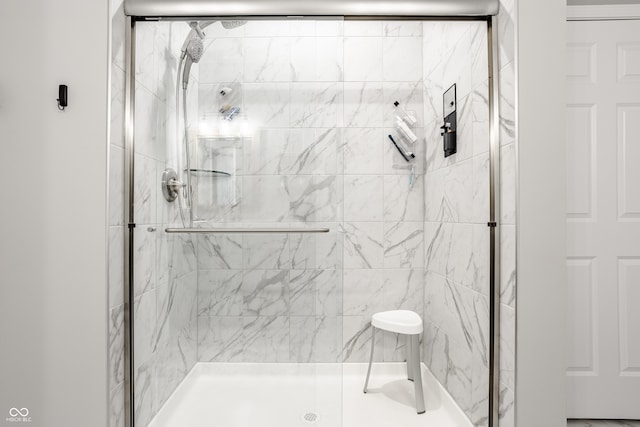 bathroom featuring a shower with shower door