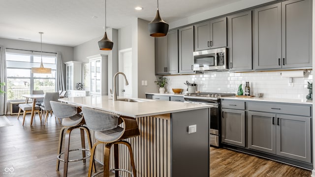 kitchen featuring appliances with stainless steel finishes, a kitchen island with sink, sink, and gray cabinetry