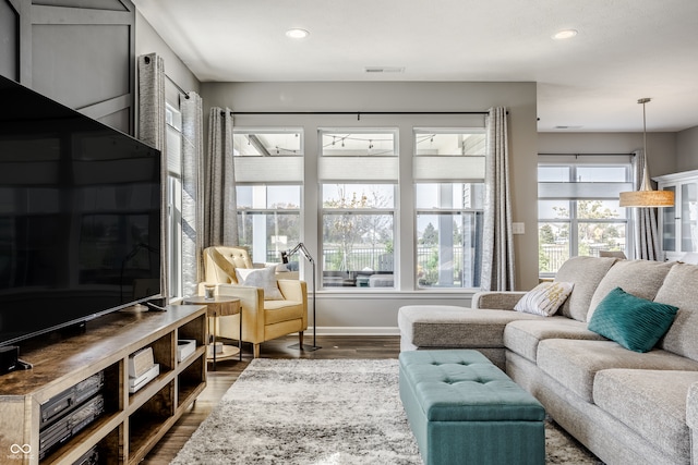 living room with dark hardwood / wood-style flooring