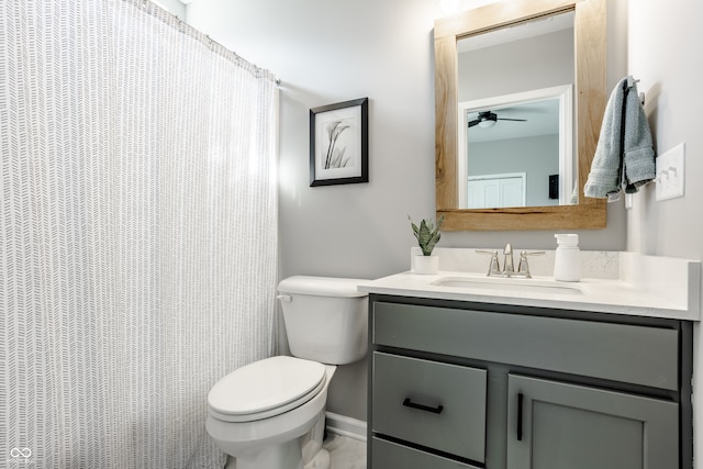 bathroom featuring vanity, toilet, and ceiling fan