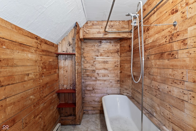 bathroom with separate shower and tub and wood walls