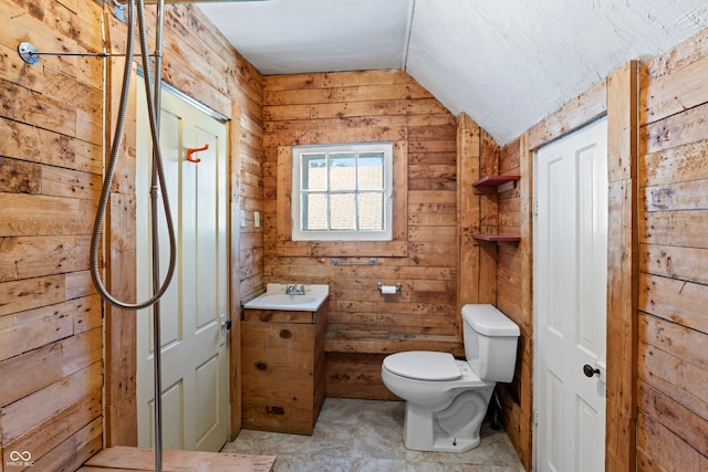 bathroom featuring vanity, wood walls, lofted ceiling, and toilet