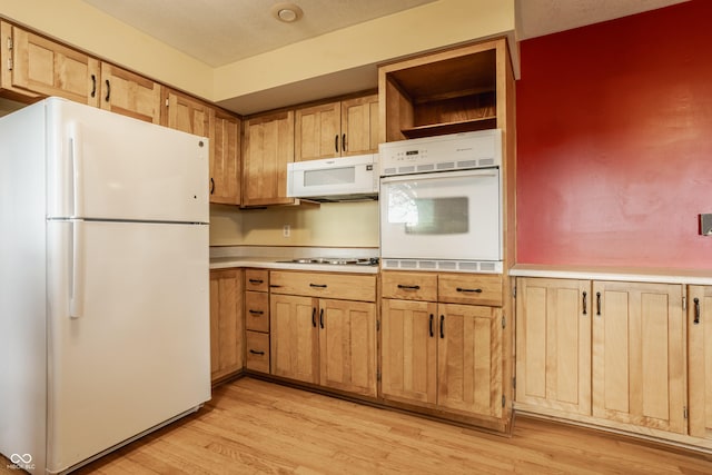 5861 S 100 W, Fountaintown, IN 46130 - kitchen featuring white appliances, light wood-style flooring, light countertops, open shelves, and light brown cabinets