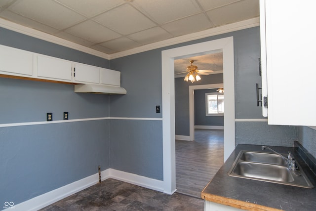 kitchen with white cabinets, ceiling fan, dark hardwood / wood-style flooring, crown molding, and sink