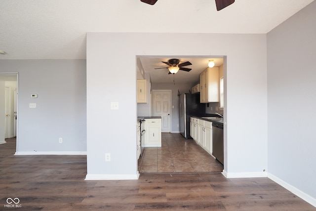 kitchen with ceiling fan, appliances with stainless steel finishes, sink, and dark hardwood / wood-style floors