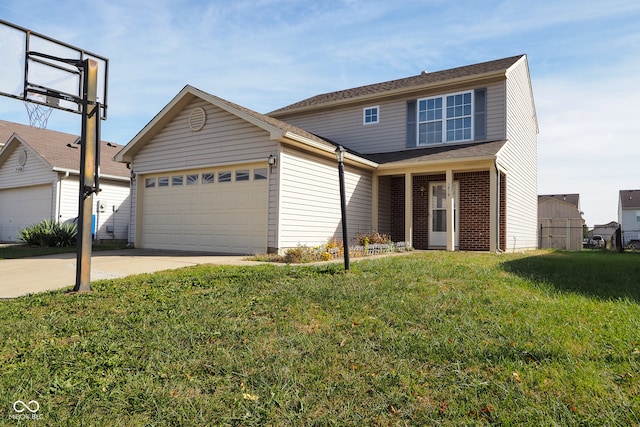 front of property featuring a front yard and a garage