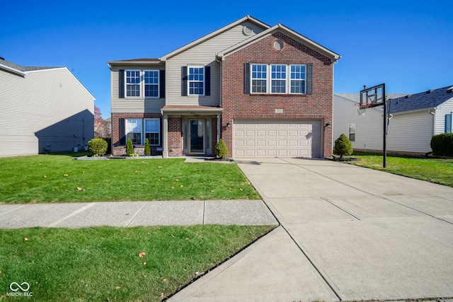 front of property with a garage and a front lawn