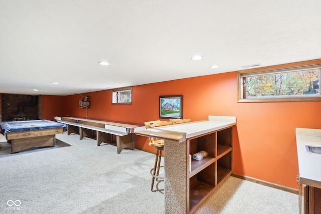 recreation room with billiards and light colored carpet