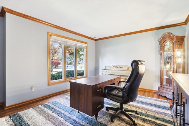 home office featuring crown molding and hardwood / wood-style floors