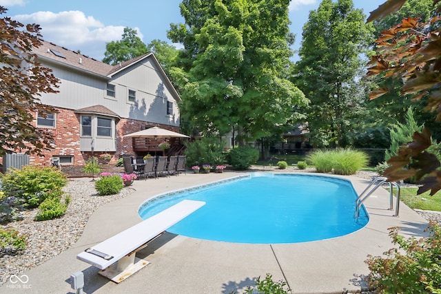 view of pool with a patio and a diving board