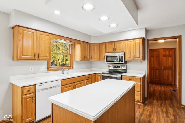 kitchen with appliances with stainless steel finishes, sink, dark wood-type flooring, and a kitchen island