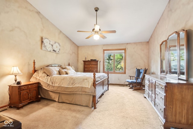 bedroom with ceiling fan, light carpet, and access to outside