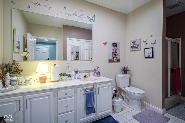 bathroom featuring tile patterned flooring, vanity, toilet, and a shower with door