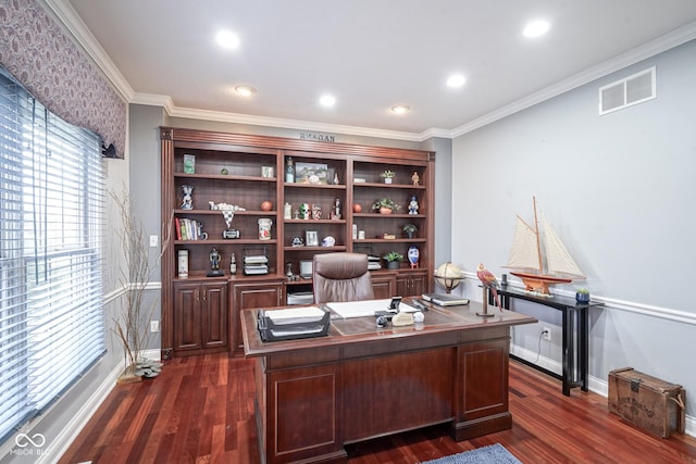 office with dark hardwood / wood-style floors and crown molding