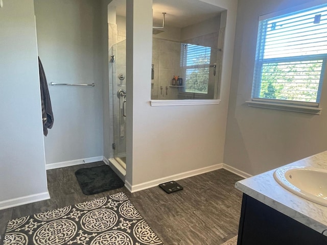 bathroom featuring vanity, wood-type flooring, and an enclosed shower