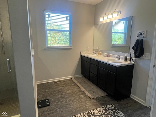 bathroom featuring vanity, hardwood / wood-style flooring, and walk in shower