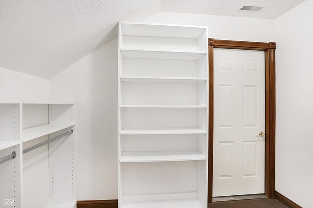 spacious closet featuring visible vents and vaulted ceiling