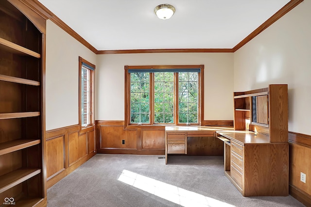 unfurnished office featuring a wainscoted wall, wood walls, crown molding, and light colored carpet