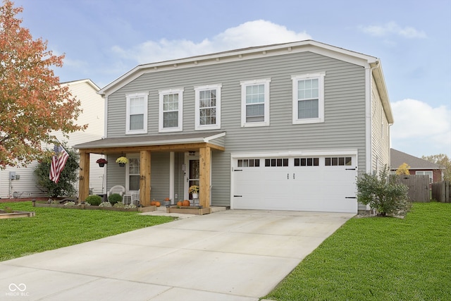 view of property featuring a front yard, a porch, and a garage