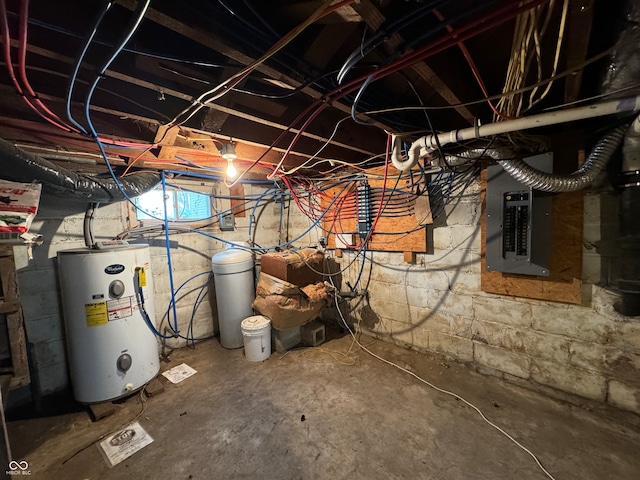 utility room featuring water heater and electric panel