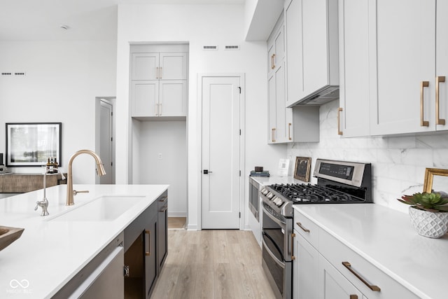 kitchen featuring decorative backsplash, appliances with stainless steel finishes, sink, light hardwood / wood-style floors, and white cabinetry