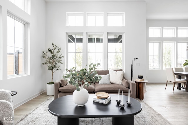 living room featuring a high ceiling, light hardwood / wood-style floors, and plenty of natural light