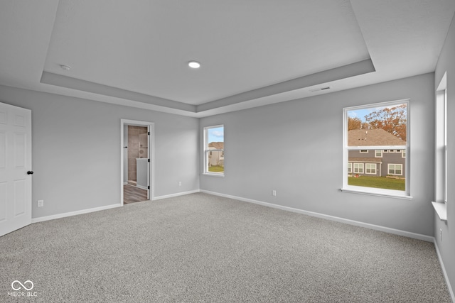 carpeted spare room featuring a tray ceiling