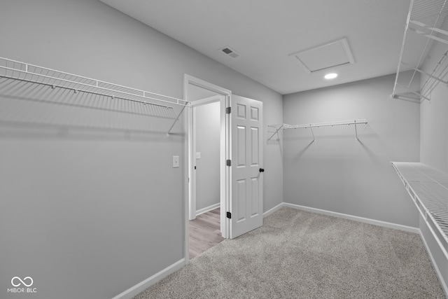 walk in closet with light colored carpet