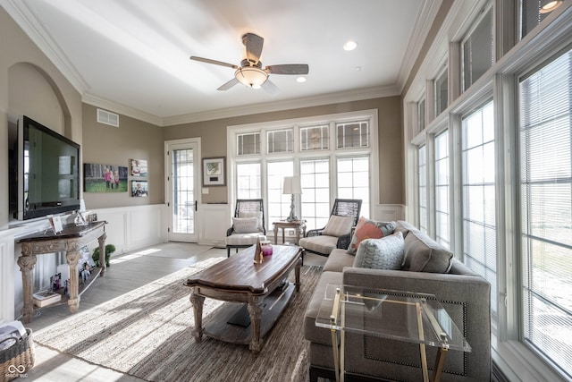 interior space featuring ceiling fan